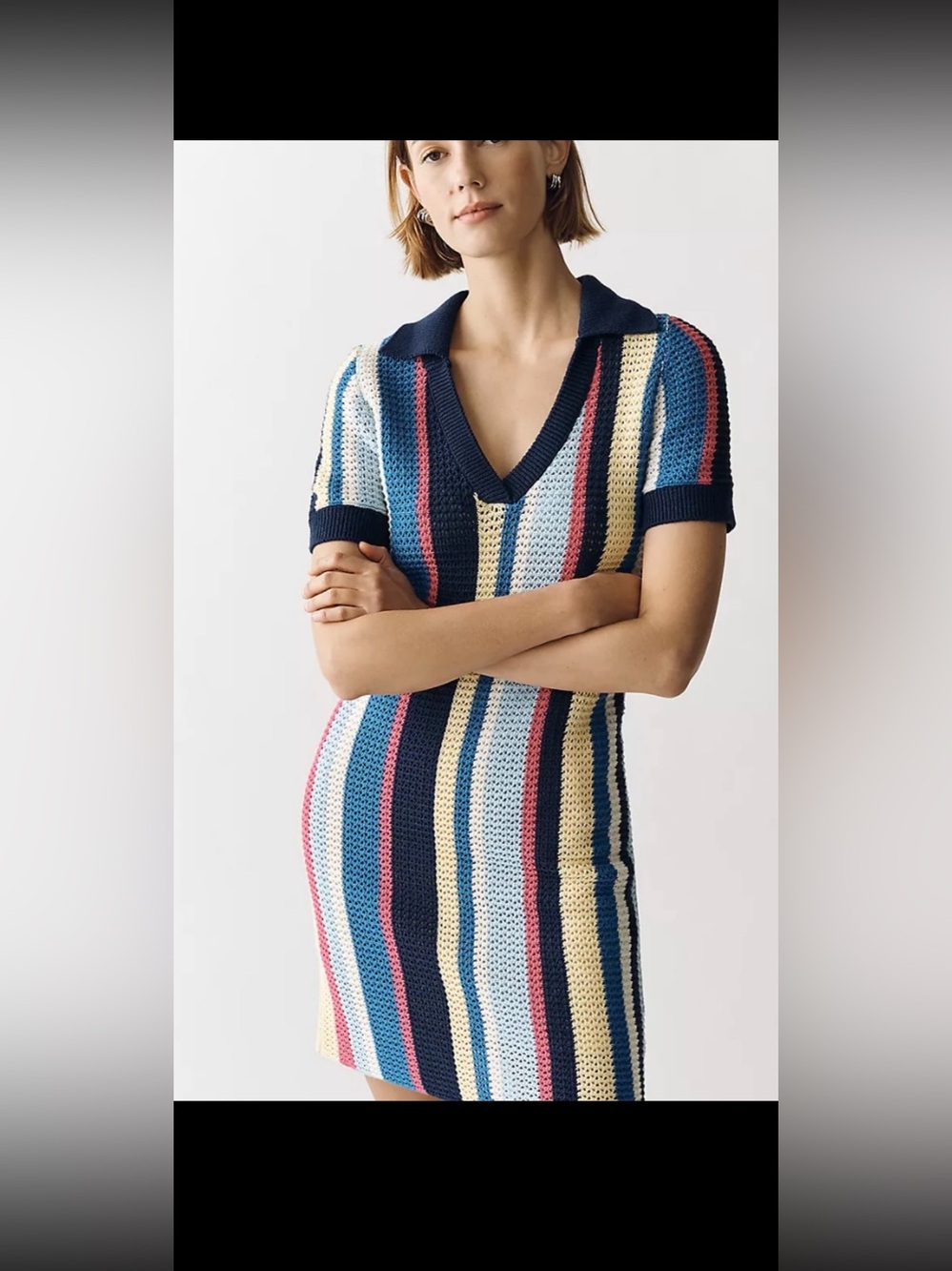 Maeve Striped Knit Polo Mini Dress in Navy, Blue, Cream & Pink